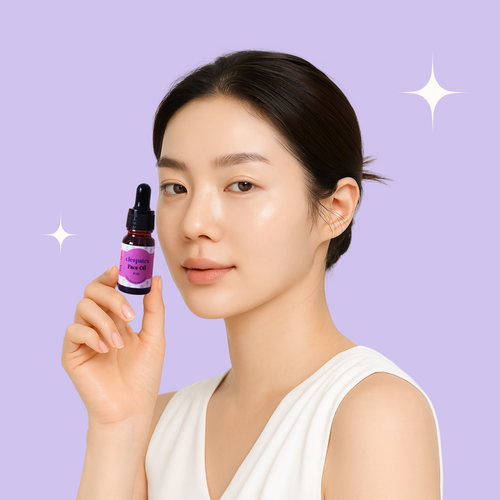 Woman holding a Cleopatra Gua Sha Face Oil sri lanka against a light purple background